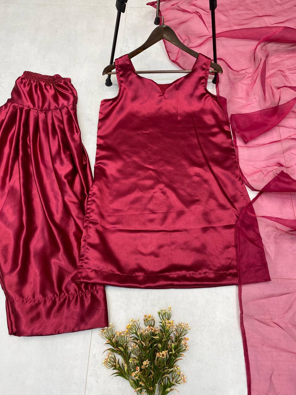 Solid Satin Patiala Suit Set with Organza Dupatta (Fully Stitched) Fabric & Work Details AllTreandy