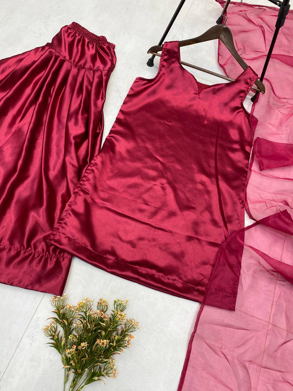 Solid Satin Patiala Suit Set with Organza Dupatta (Fully Stitched) Fabric & Work Details AllTreandy