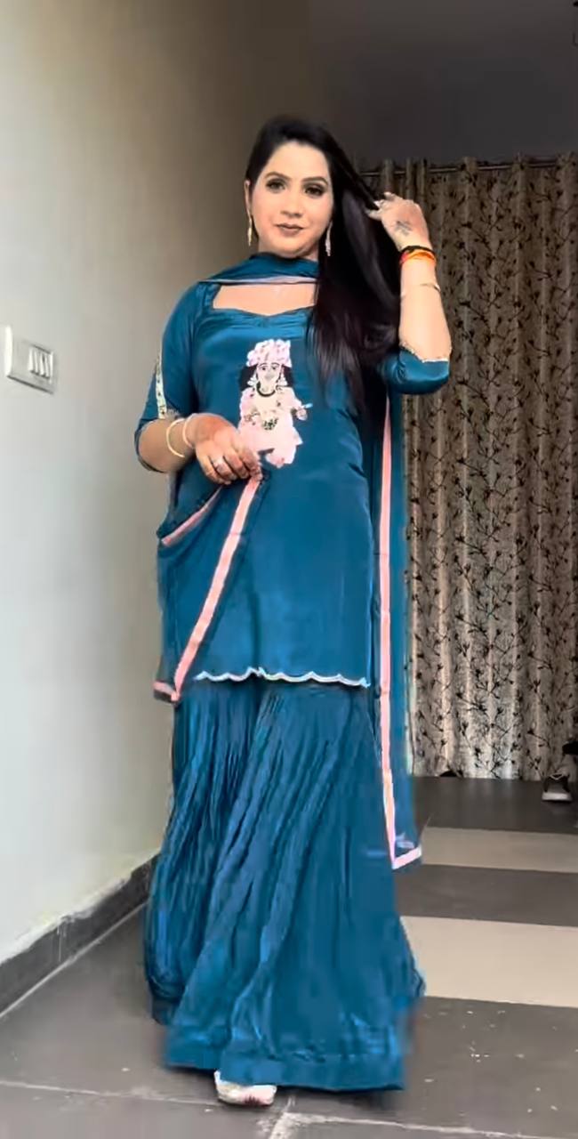 Ivory Embroidered Sharara Suit Set with Dupatta AllTreandy