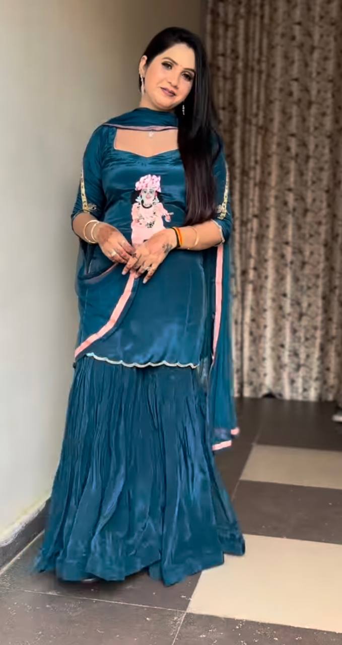 Ivory Embroidered Sharara Suit Set with Dupatta AllTreandy