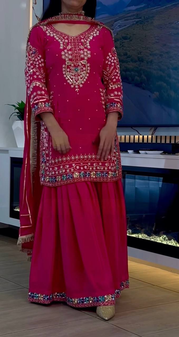 Hot Pink Embroidered Sharara Suit Set with Dupatta AllTreandy