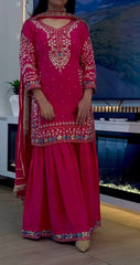 Hot Pink Embroidered Sharara Suit Set with Dupatta AllTreandy