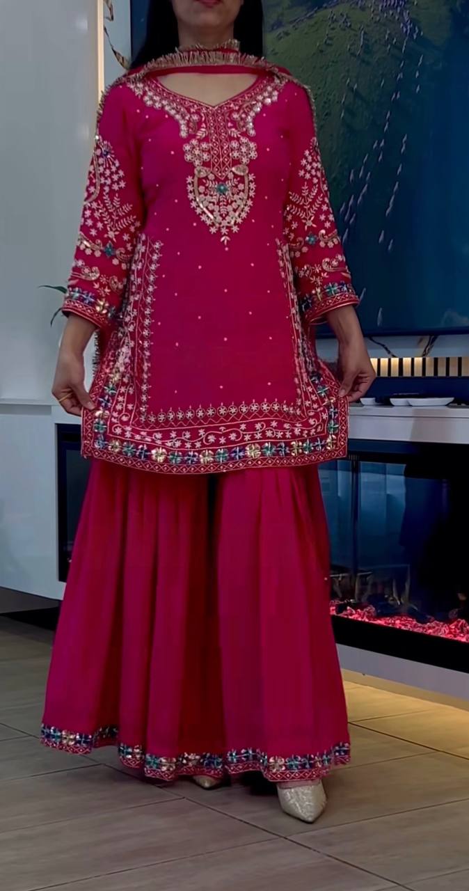 Hot Pink Embroidered Sharara Suit Set with Dupatta AllTreandy