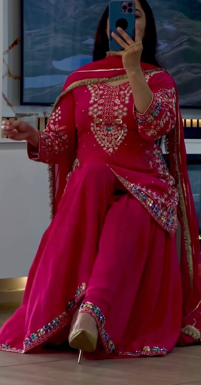 Hot Pink Embroidered Sharara Suit Set with Dupatta AllTreandy