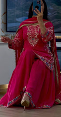 Hot Pink Embroidered Sharara Suit Set with Dupatta AllTreandy