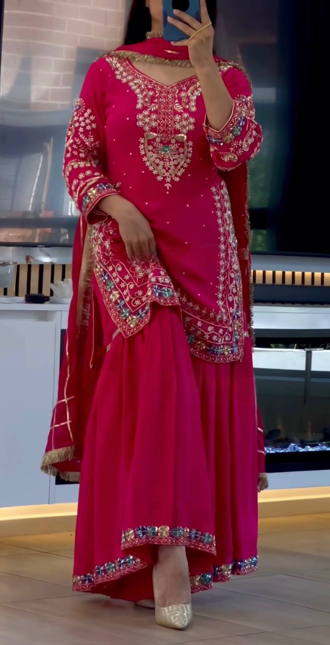 Hot Pink Embroidered Sharara Suit Set with Dupatta AllTreandy