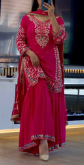 Hot Pink Embroidered Sharara Suit Set with Dupatta AllTreandy