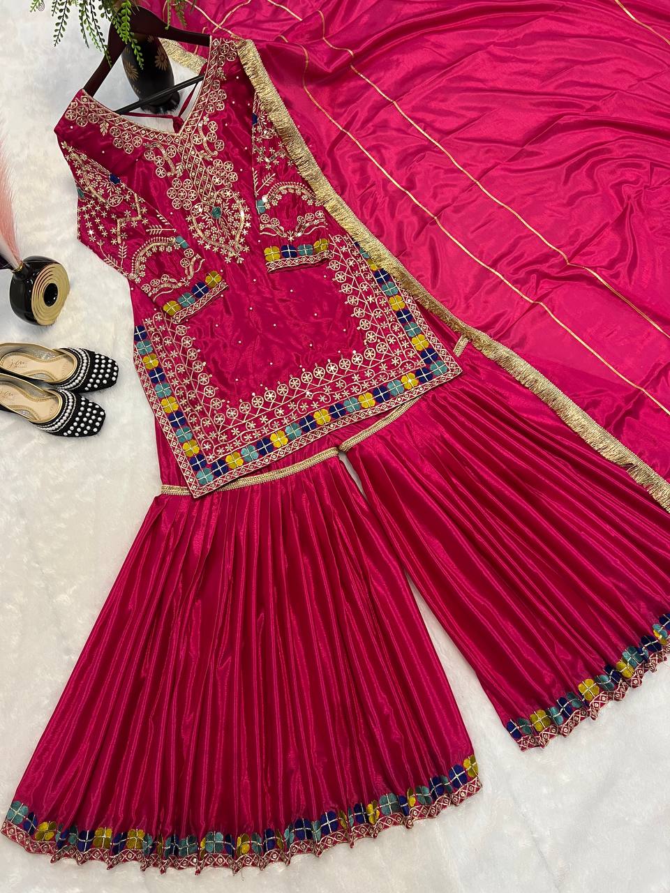 Hot Pink Embroidered Sharara Suit Set with Dupatta AllTreandy