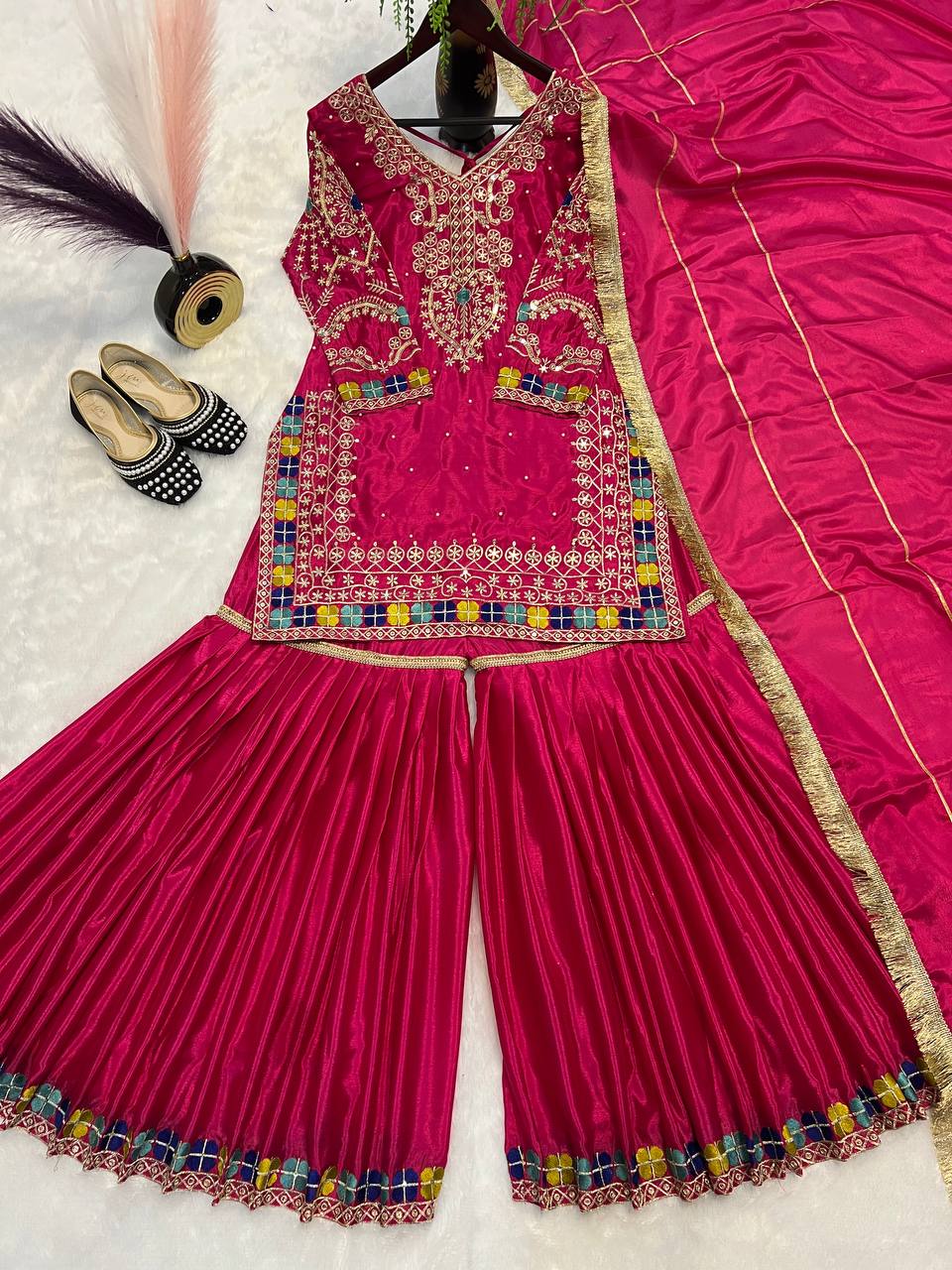 Hot Pink Embroidered Sharara Suit Set with Dupatta AllTreandy