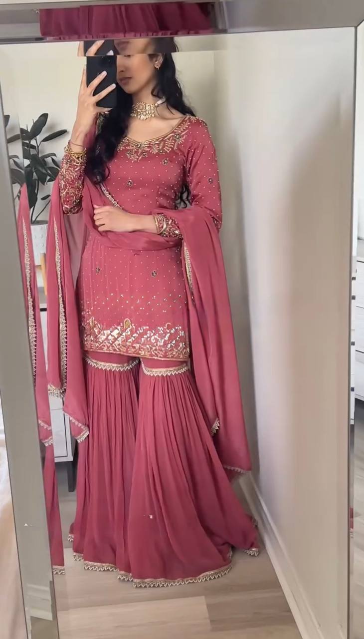 Dusty Rose Pink Sharara Suit with Golden Embroidery & Dupatta AllTreandy