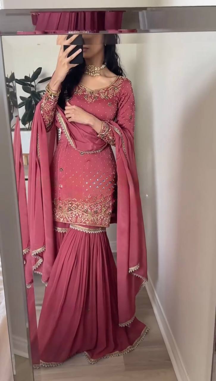 Dusty Rose Pink Sharara Suit with Golden Embroidery & Dupatta AllTreandy