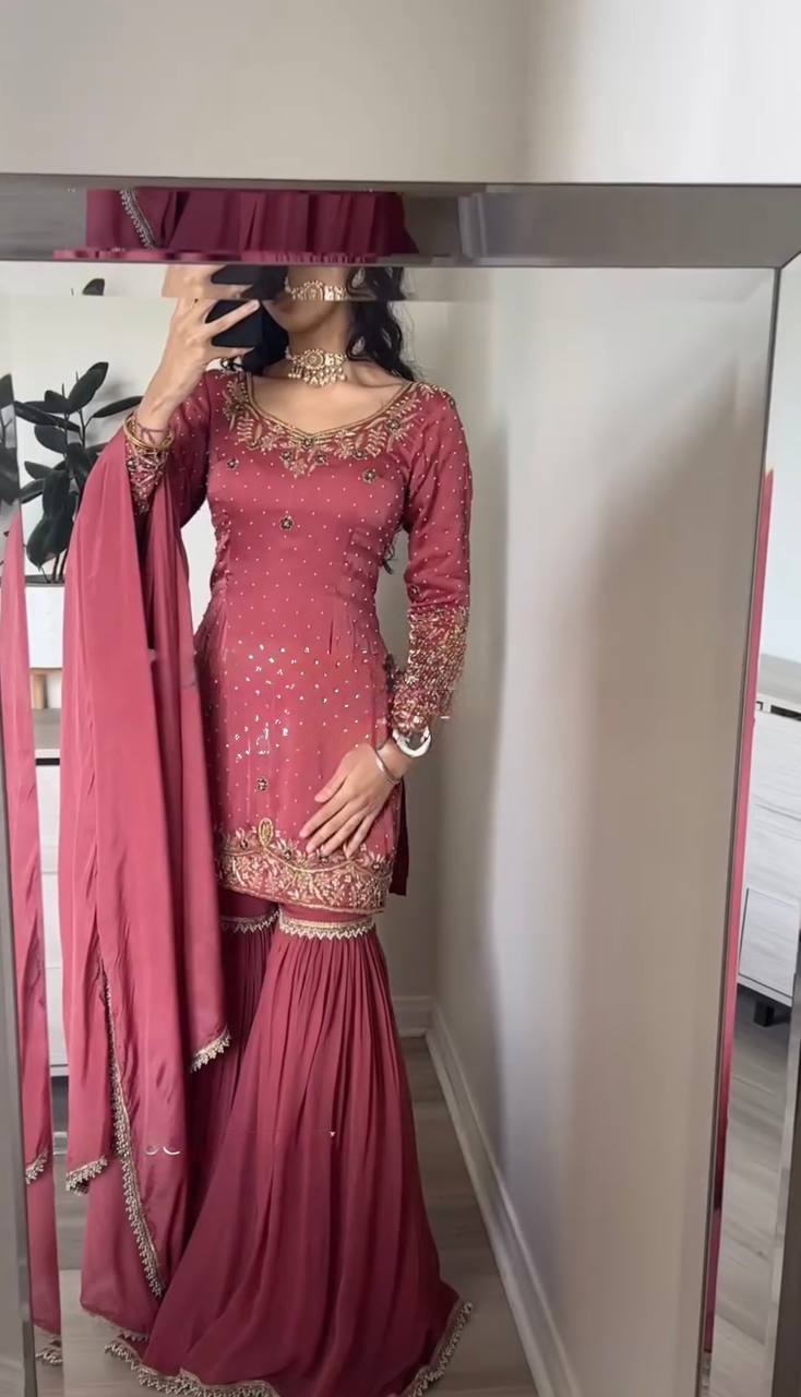 Dusty Rose Pink Sharara Suit with Golden Embroidery & Dupatta AllTreandy