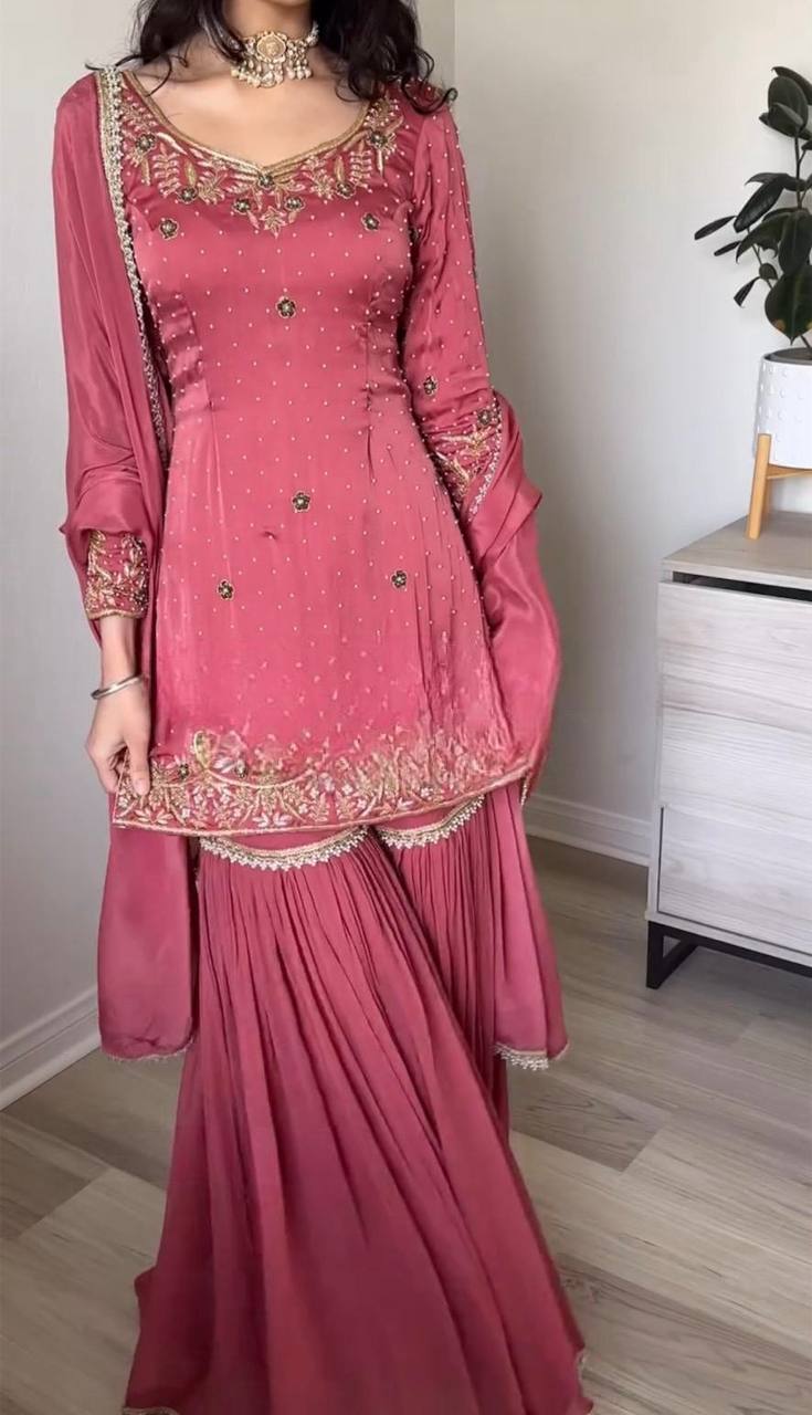 Dusty Rose Pink Sharara Suit with Golden Embroidery & Dupatta AllTreandy