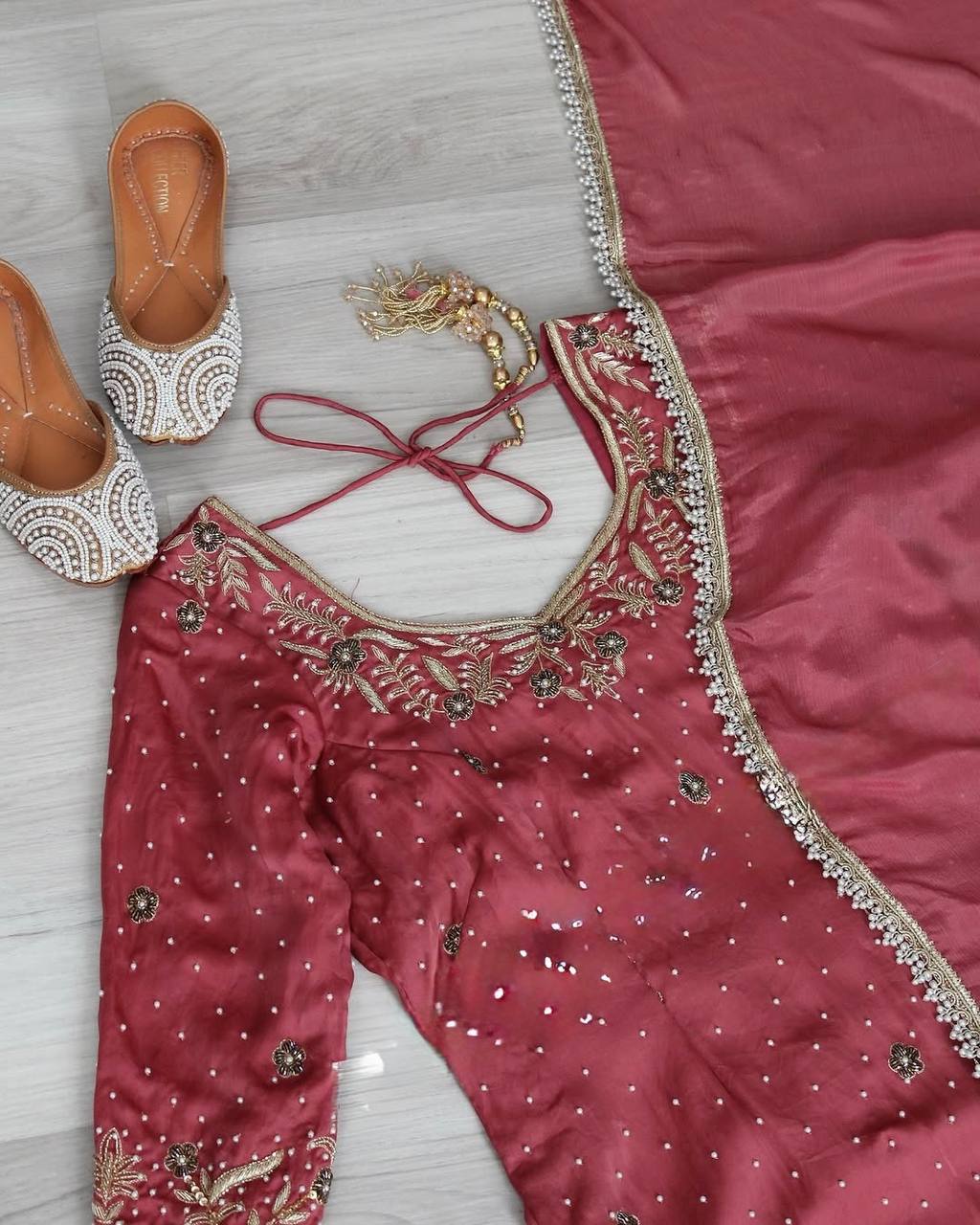 Dusty Rose Pink Sharara Suit with Golden Embroidery & Dupatta AllTreandy