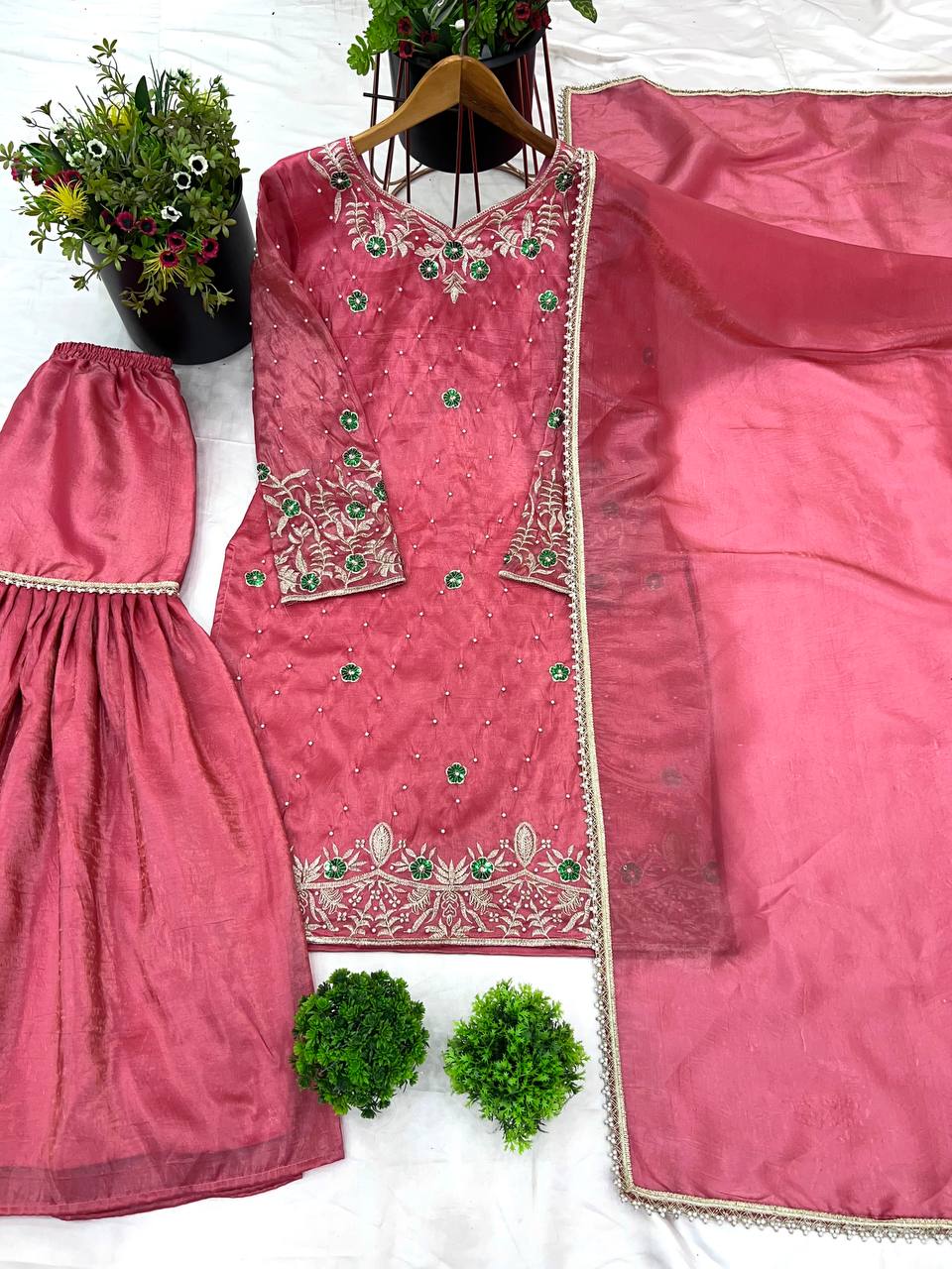 Dusty Rose Pink Sharara Suit with Golden Embroidery & Dupatta AllTreandy