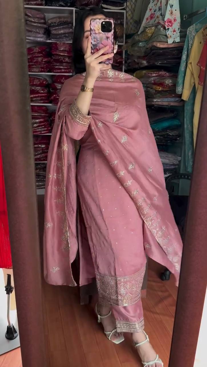 Blush Pink Embroidered Cotton Suit with Dupatta AllTreandy