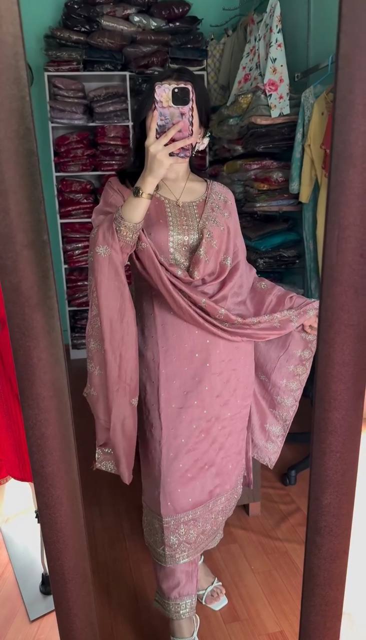 Blush Pink Embroidered Cotton Suit with Dupatta AllTreandy