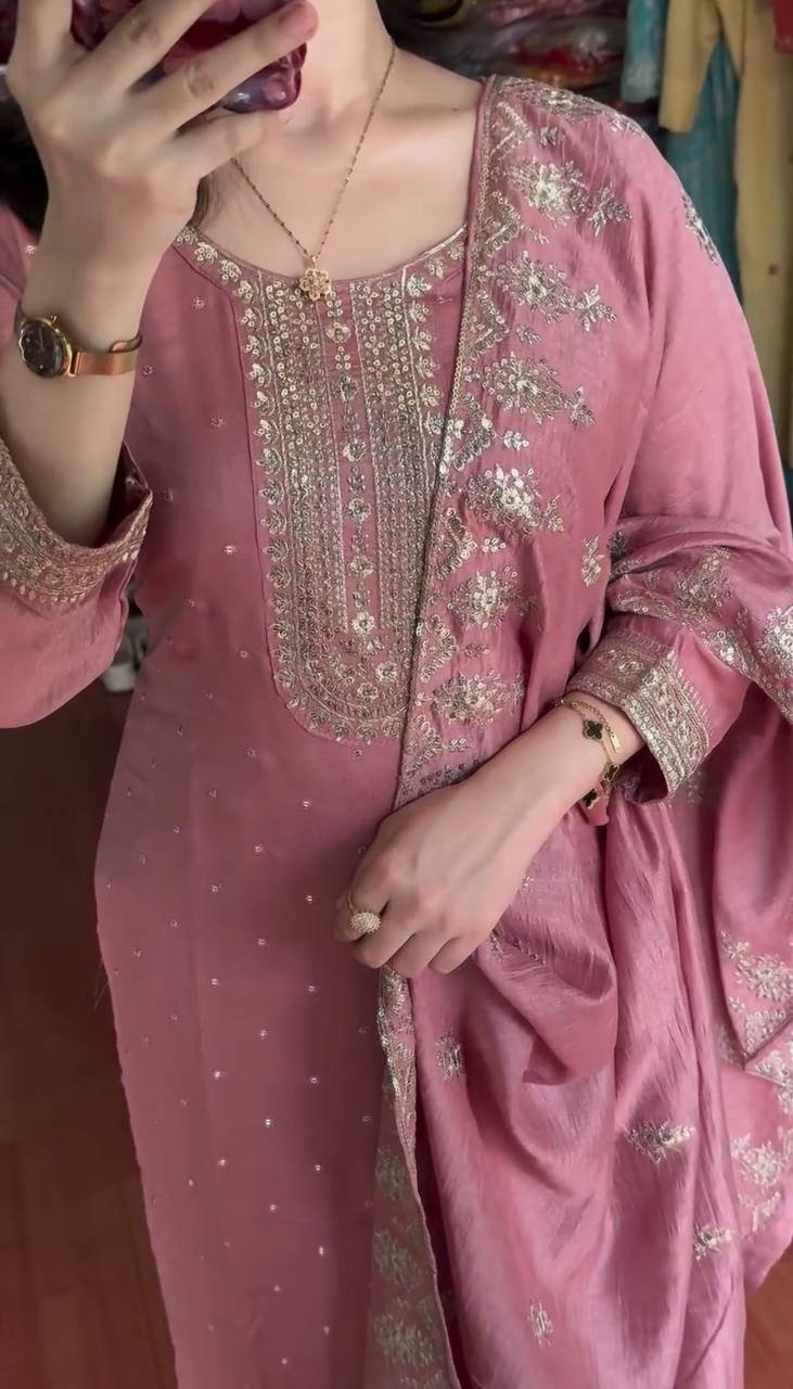 Blush Pink Embroidered Cotton Suit with Dupatta AllTreandy