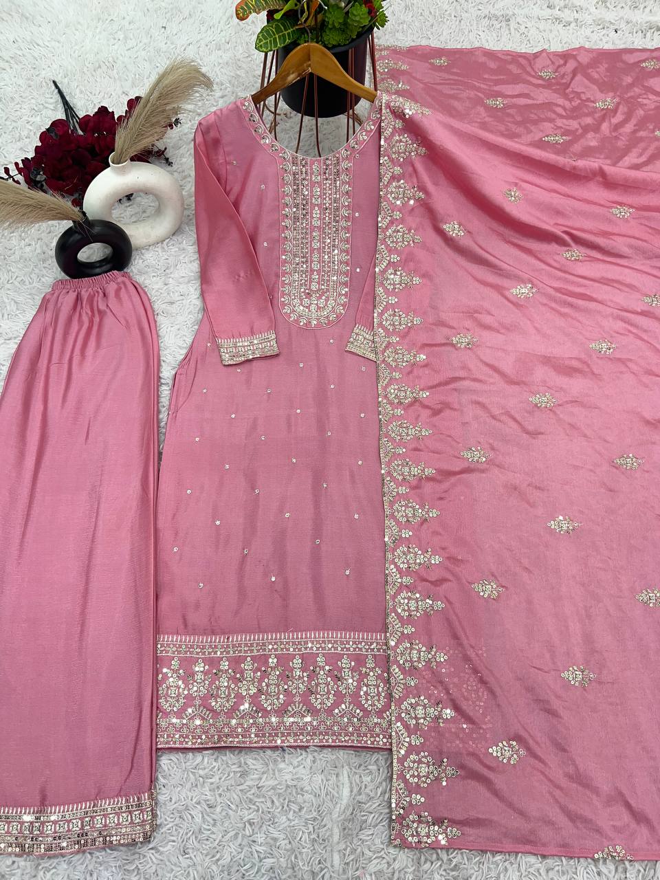 Blush Pink Embroidered Cotton Suit with Dupatta AllTreandy