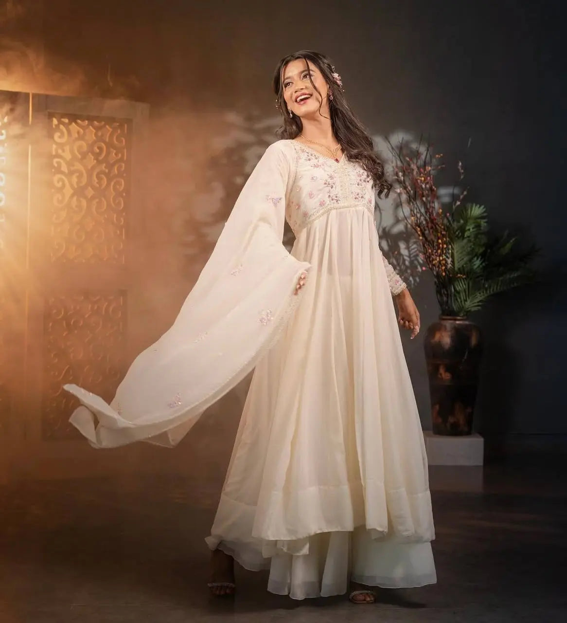 Glow in Grace: Ivory White Embroidered Flared Suit Set AllTreandy