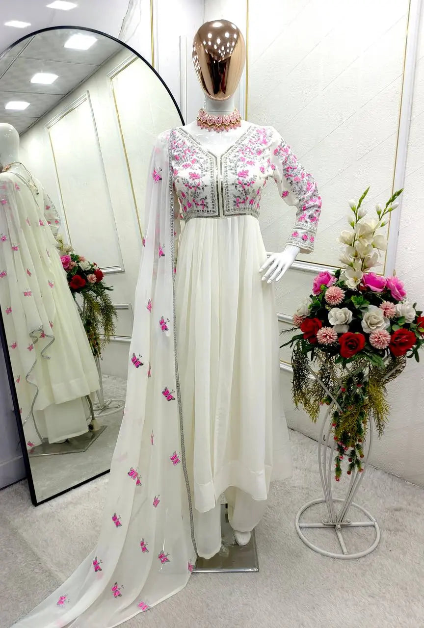 Glow in Grace: Ivory White Embroidered Flared Suit Set AllTreandy