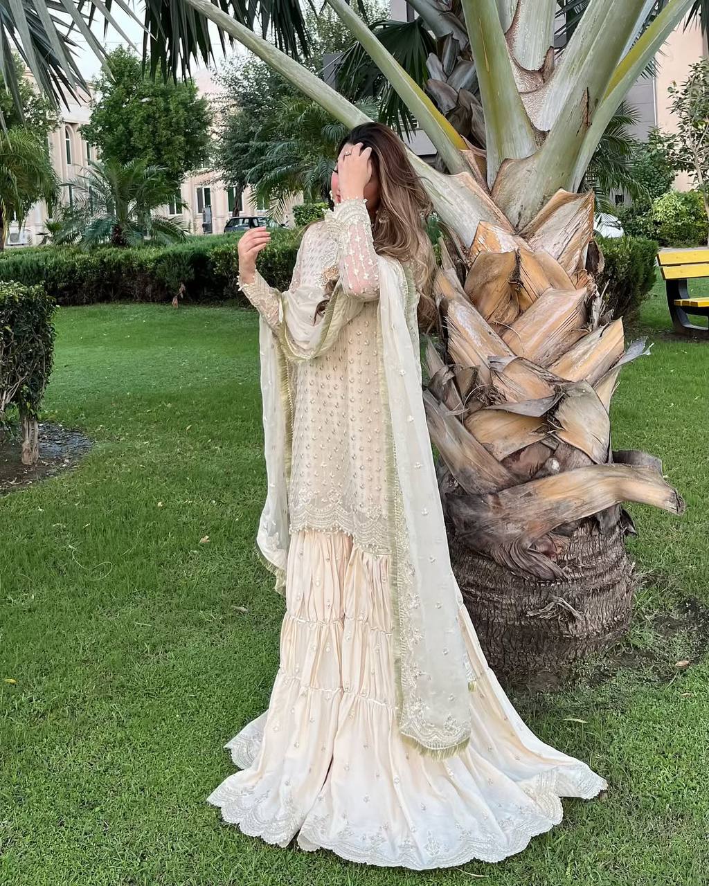 Elegant Cream Embroidered Sharara Set with Dupatta AllTreandy