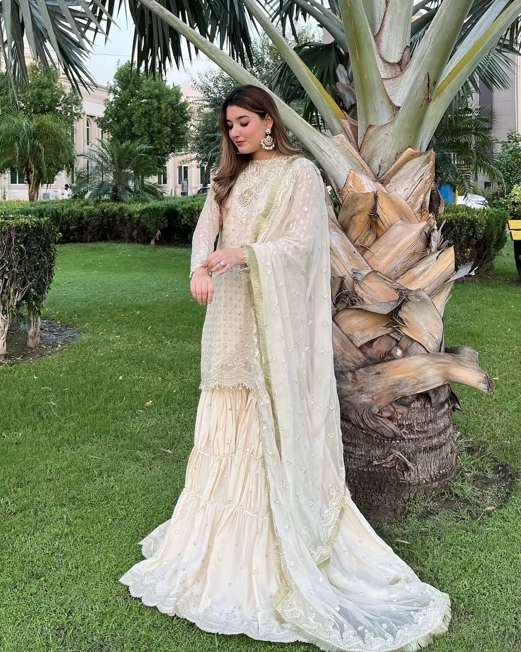 Elegant Cream Embroidered Sharara Set with Dupatta AllTreandy