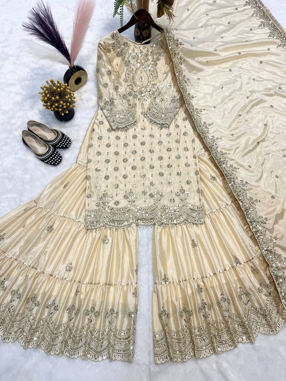 Elegant Cream Embroidered Sharara Set with Dupatta AllTreandy