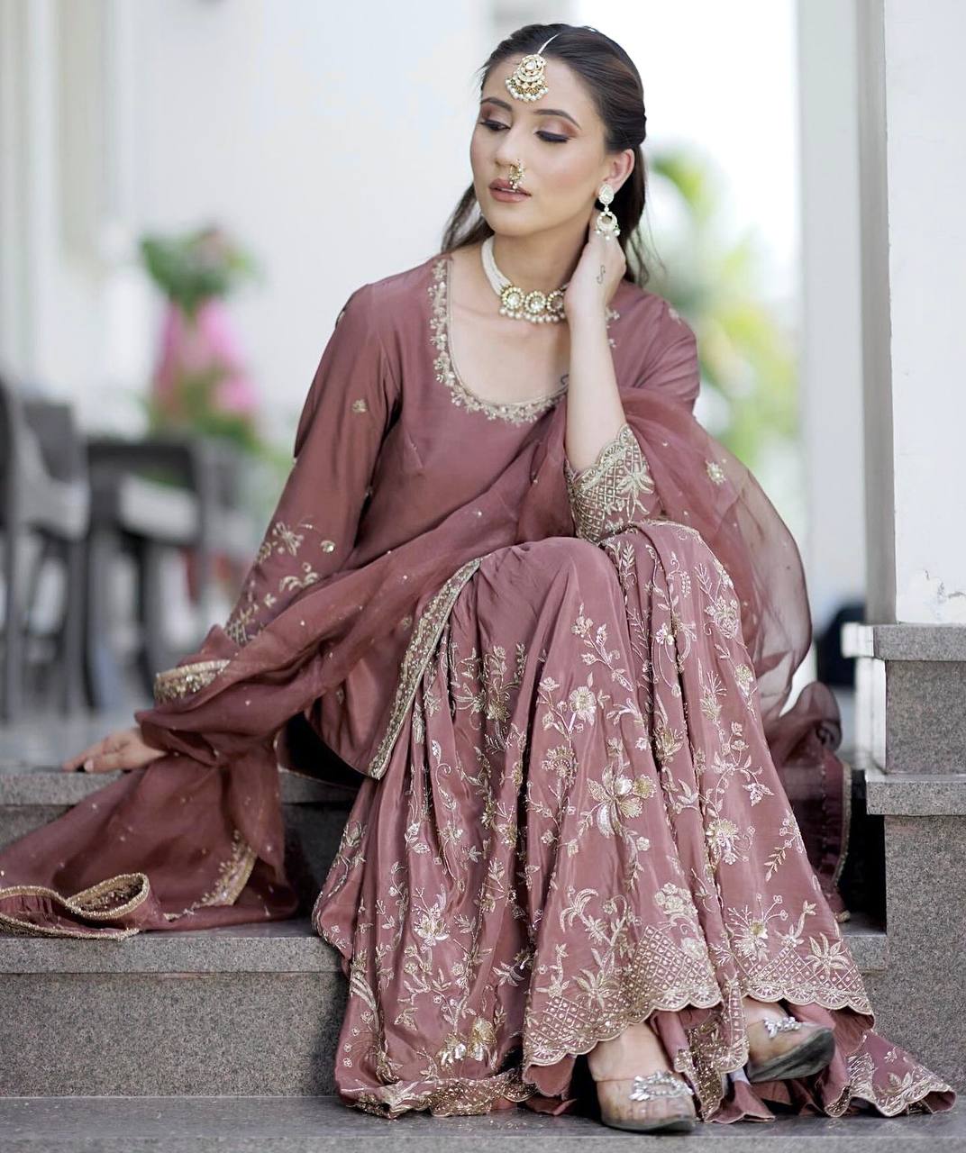 New Launch: Dusty Rose Embroidered Sharara Suit Set (Fully Stitched)