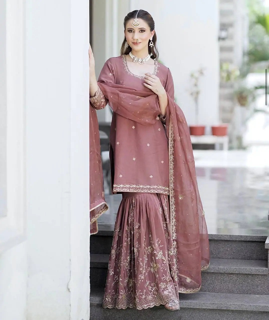 New Launch: Dusty Rose Embroidered Sharara Suit Set (Fully Stitched) AllTreandy