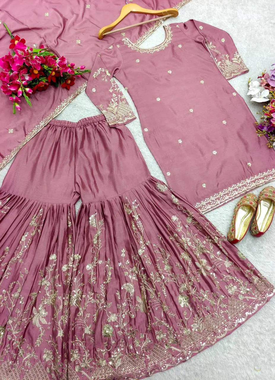 New Launch: Dusty Rose Embroidered Sharara Suit Set (Fully Stitched) AllTreandy