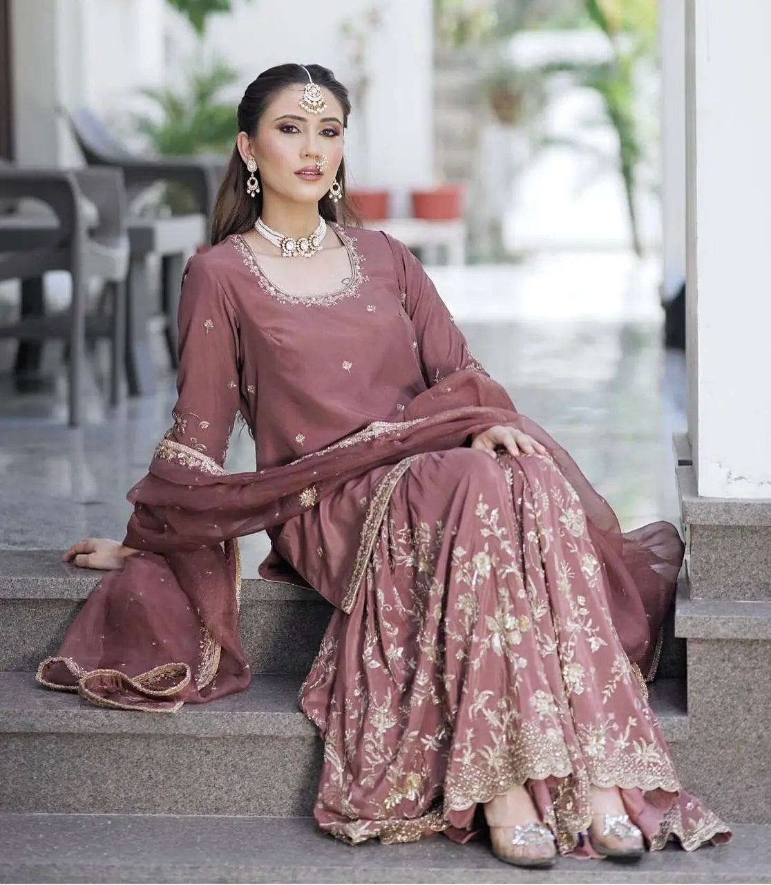 New Launch: Dusty Rose Embroidered Sharara Suit Set (Fully Stitched) AllTreandy