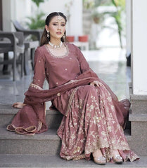 New Launch: Dusty Rose Embroidered Sharara Suit Set (Fully Stitched) AllTreandy