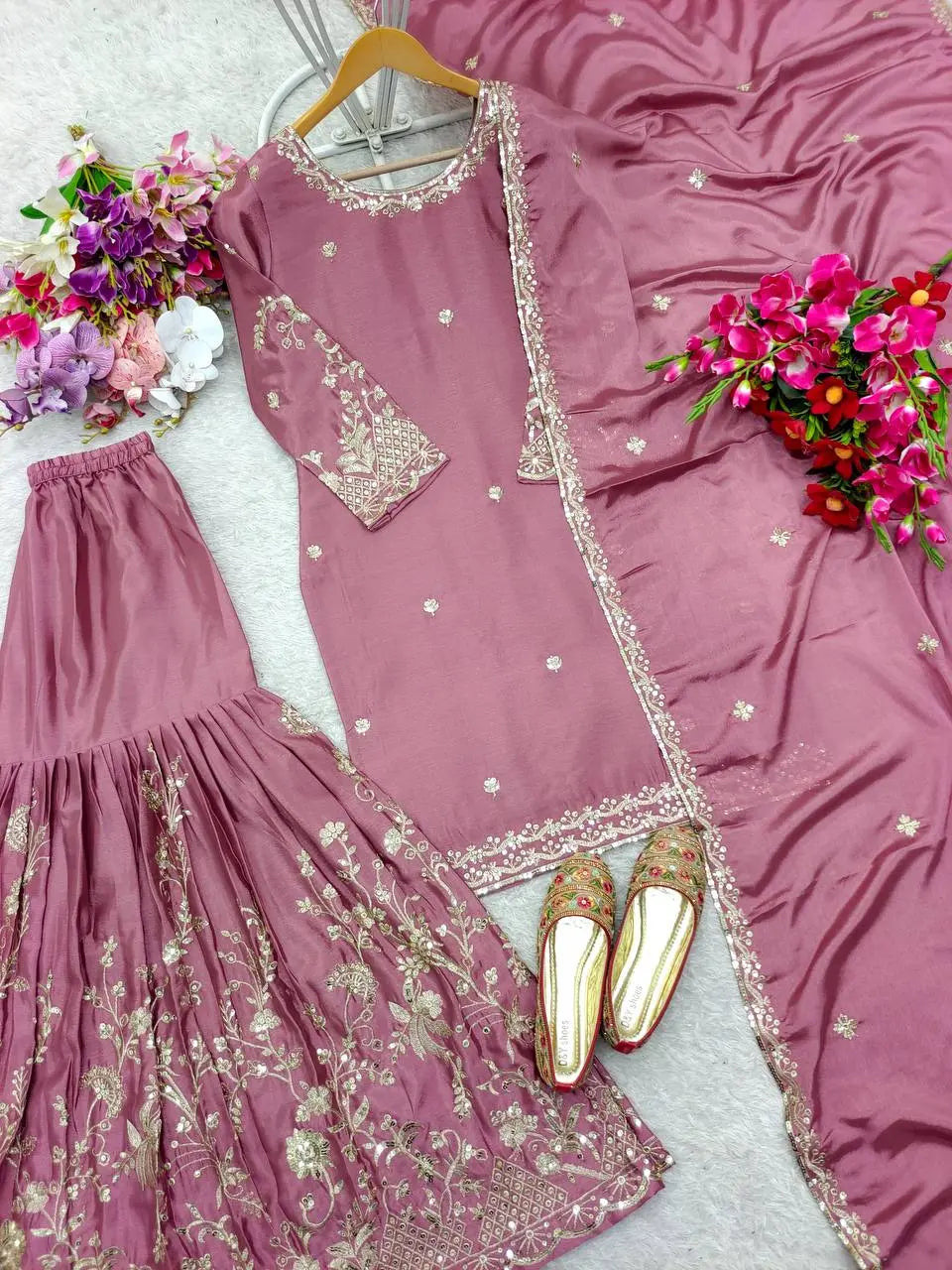 New Launch: Dusty Rose Embroidered Sharara Suit Set (Fully Stitched) AllTreandy