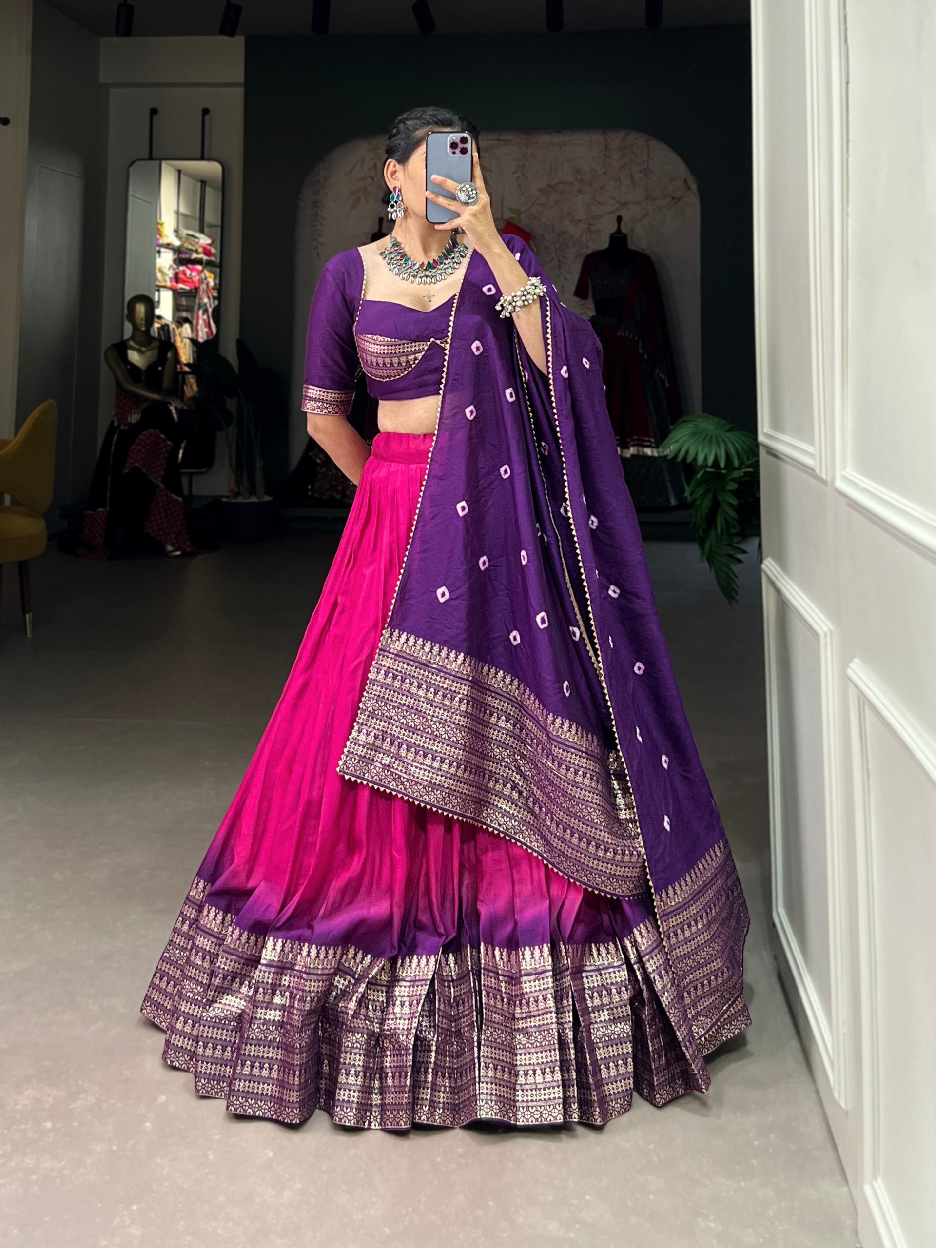Purple & Pink Ombre Lehenga with Zari Border & Embroidered Blouse – Festive Designer Wear AllTreandy