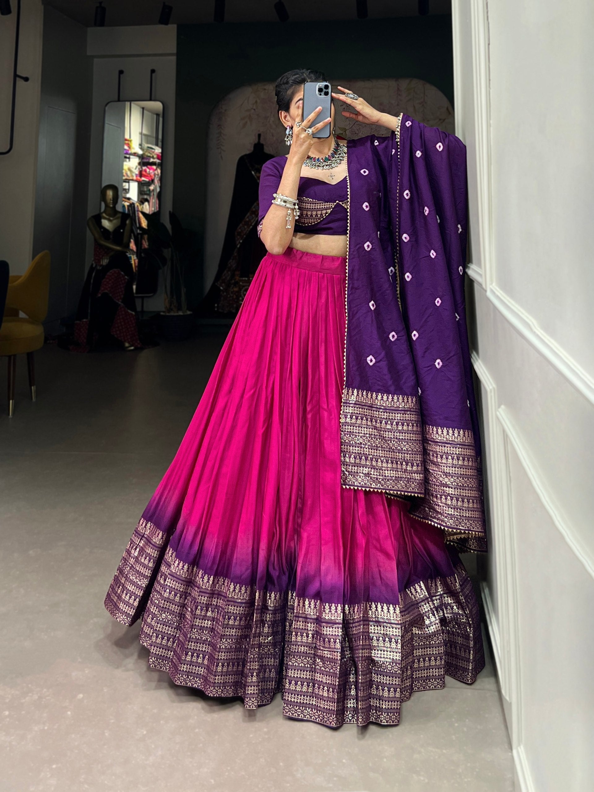 Purple & Pink Ombre Lehenga with Zari Border & Embroidered Blouse – Festive Designer Wear AllTreandy