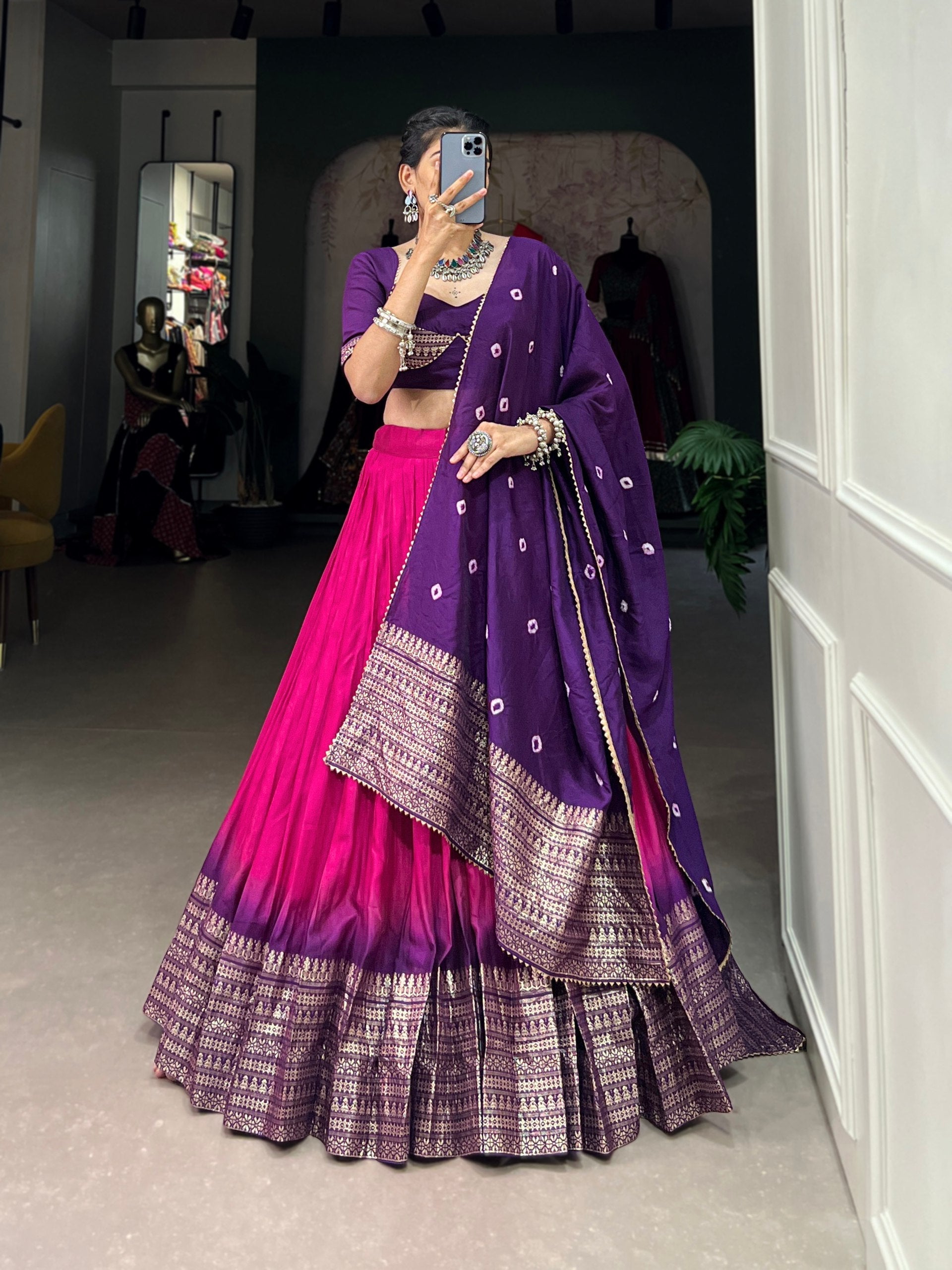 Purple & Pink Ombre Lehenga with Zari Border & Embroidered Blouse – Festive Designer Wear AllTreandy