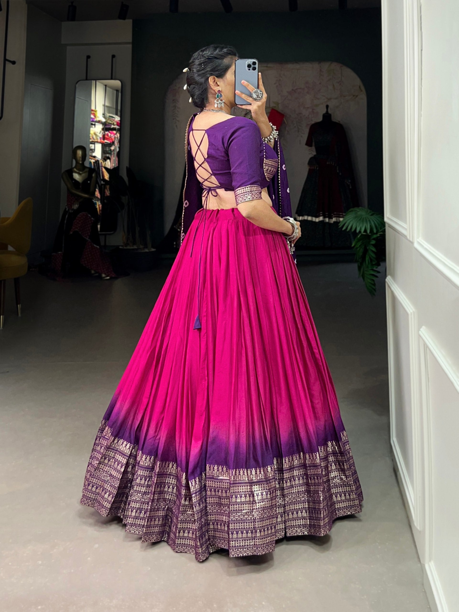 Purple & Pink Ombre Lehenga with Zari Border & Embroidered Blouse – Festive Designer Wear AllTreandy