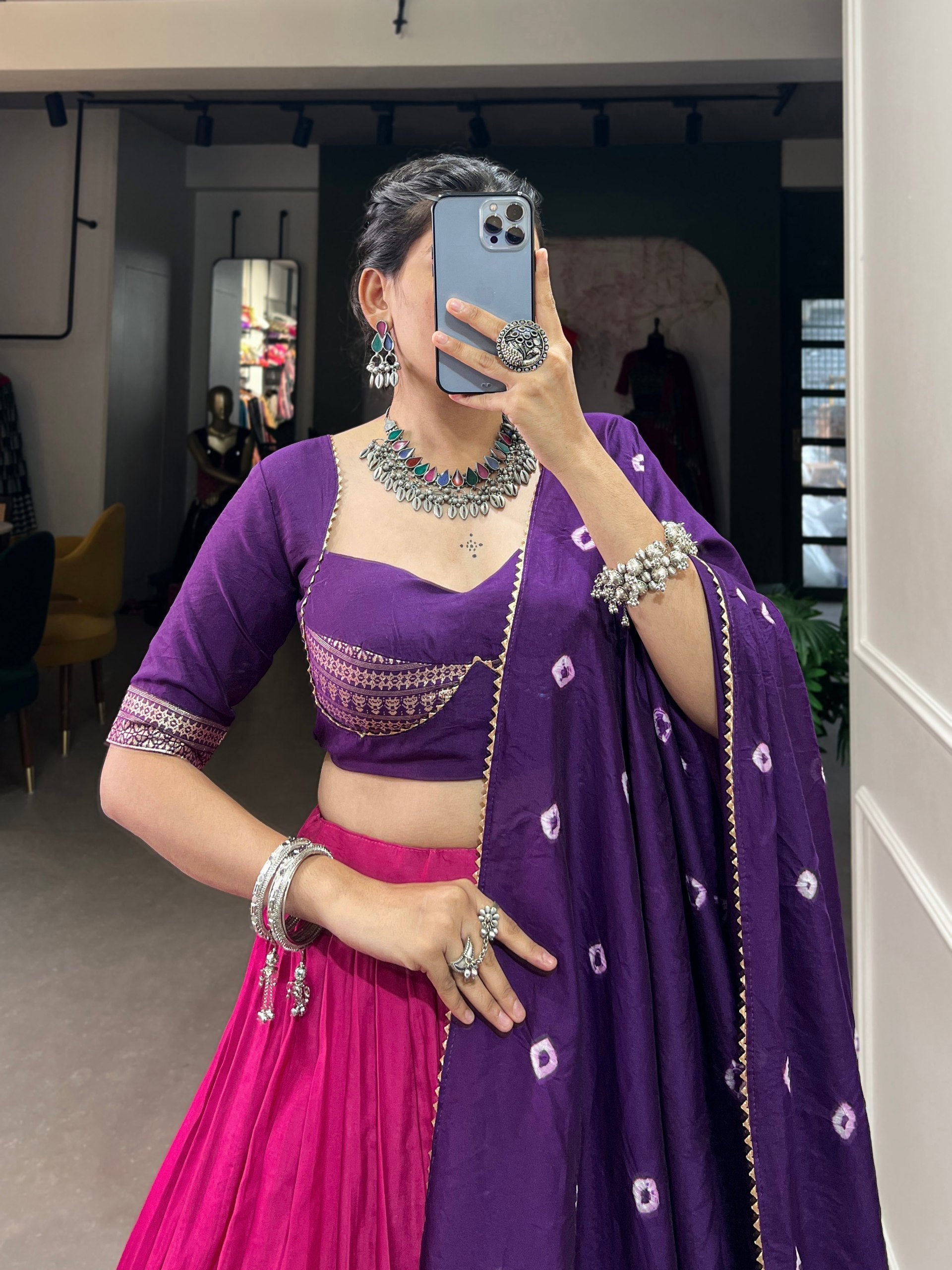 Purple & Pink Ombre Lehenga with Zari Border & Embroidered Blouse – Festive Designer Wear AllTreandy