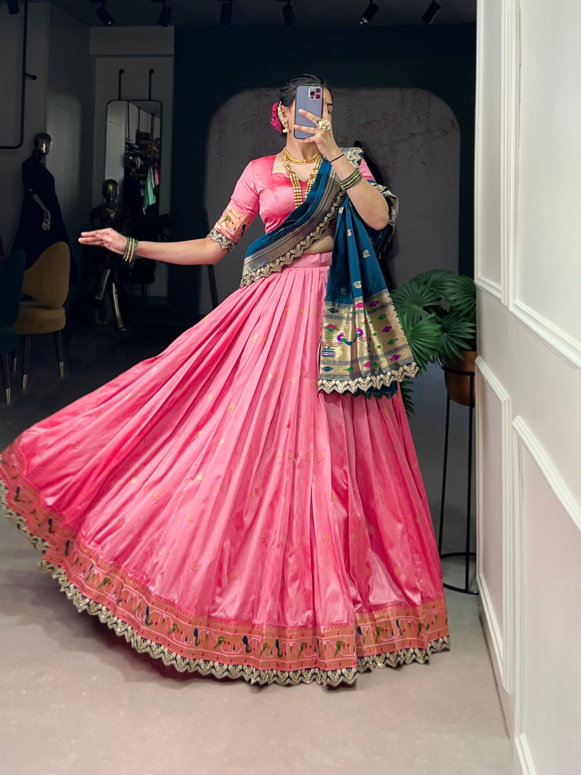 Pink & Green Silk Lehenga Choli with Contrasting Blue Dupatta AllTreandy