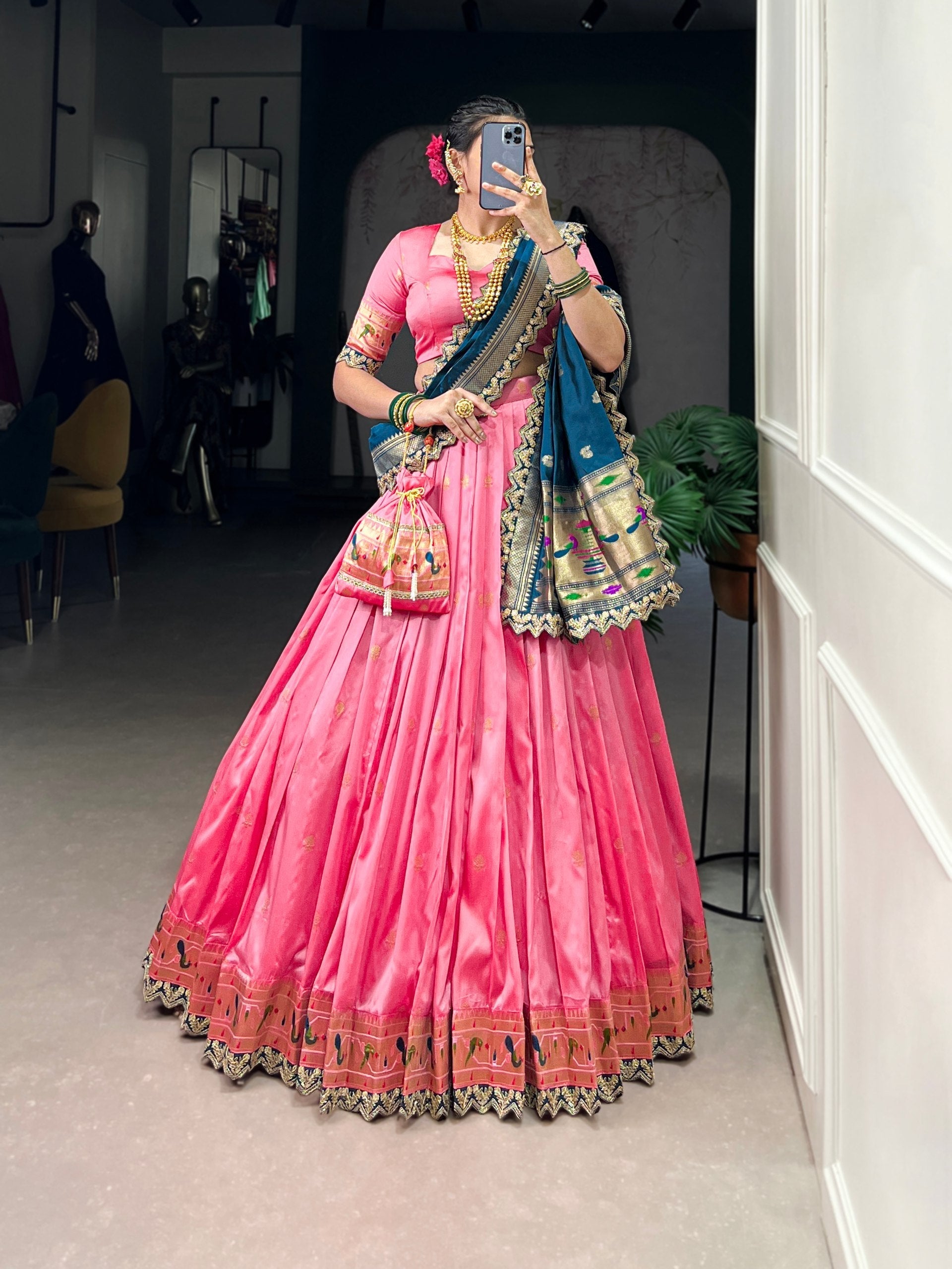 Pink & Green Silk Lehenga Choli with Contrasting Blue Dupatta AllTreandy