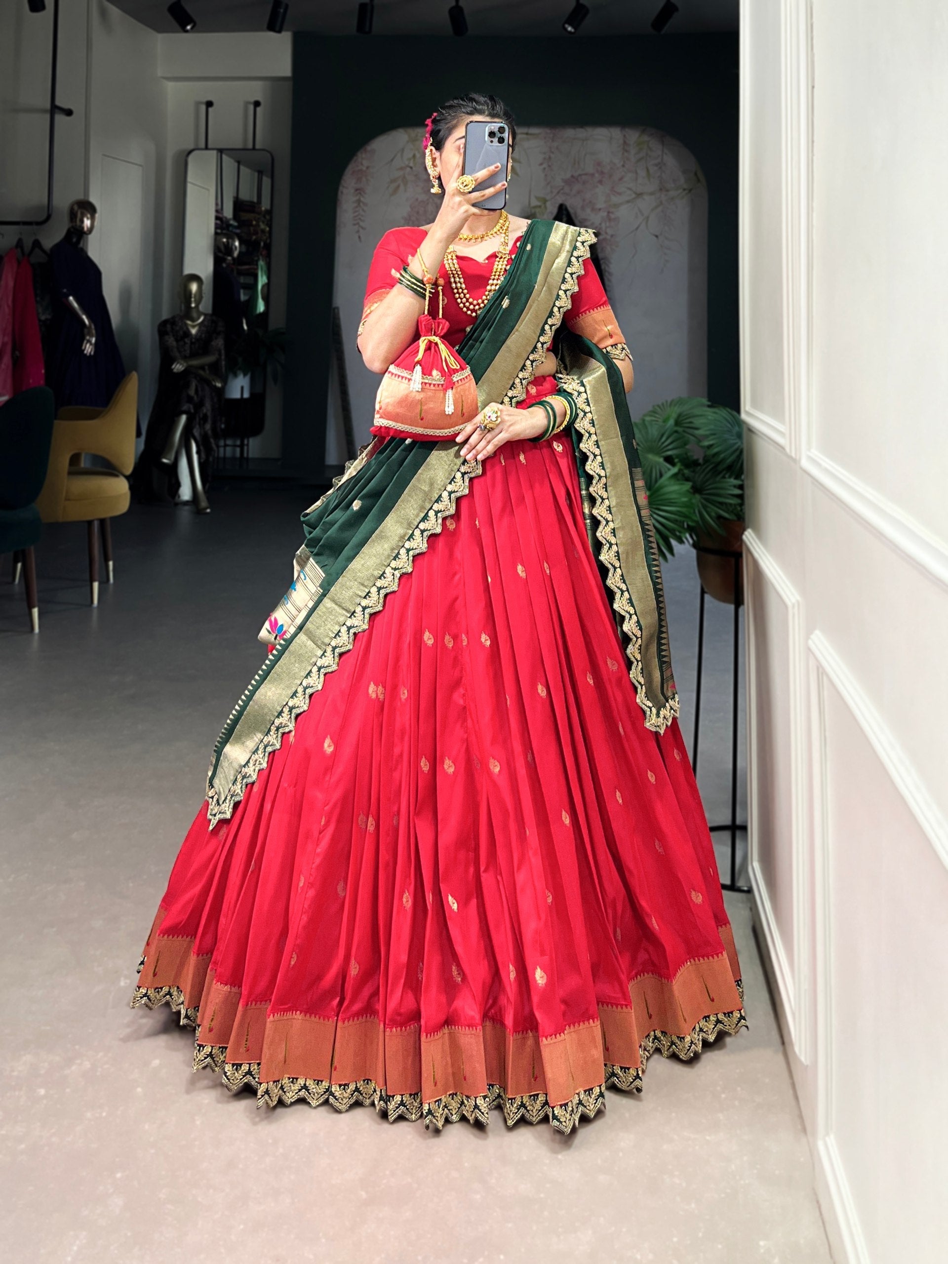 Pink & Green Silk Lehenga Choli with Contrasting Blue Dupatta AllTreandy