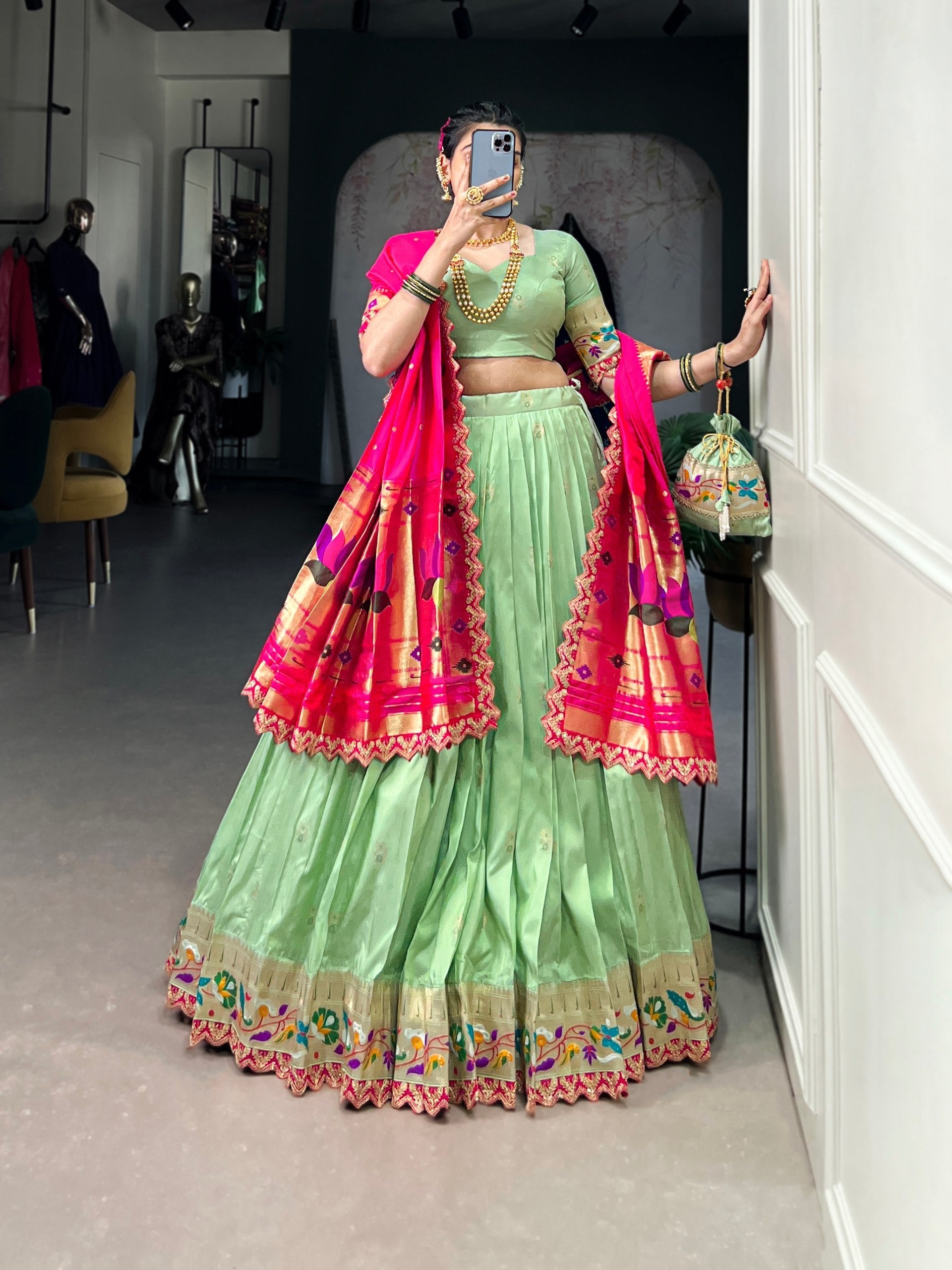 Pink & Green Silk Lehenga Choli with Contrasting Blue Dupatta AllTreandy
