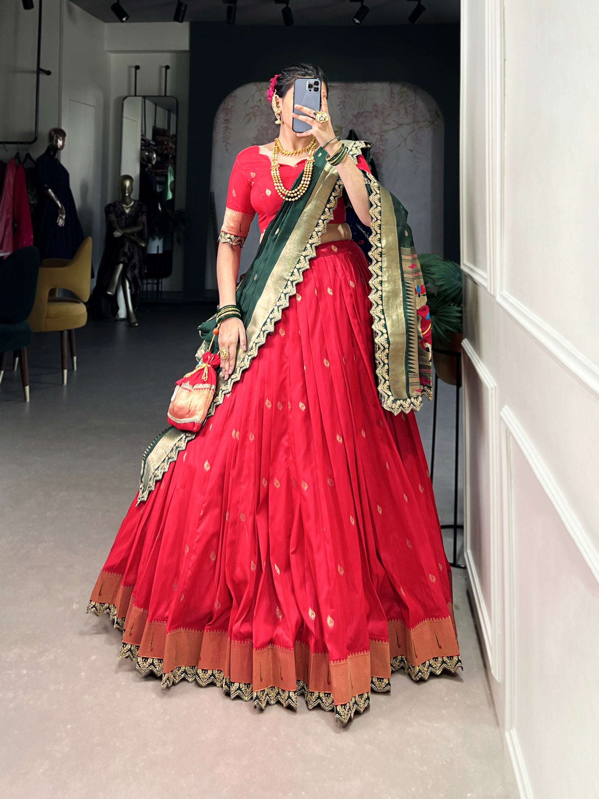 Pink & Green Silk Lehenga Choli with Contrasting Blue Dupatta AllTreandy