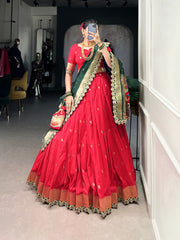 Pink & Green Silk Lehenga Choli with Contrasting Blue Dupatta AllTreandy