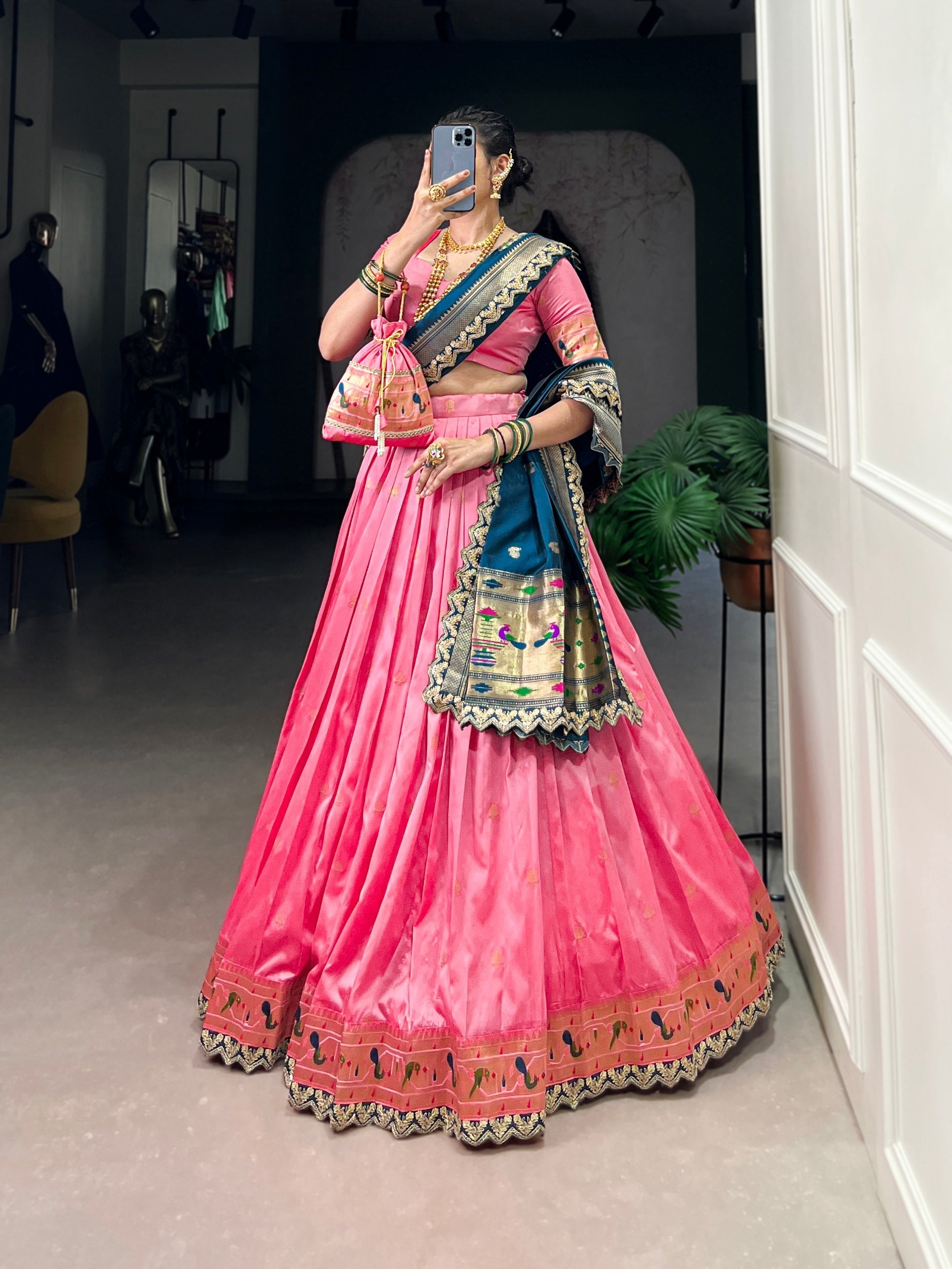 Pink & Green Silk Lehenga Choli with Contrasting Blue Dupatta AllTreandy