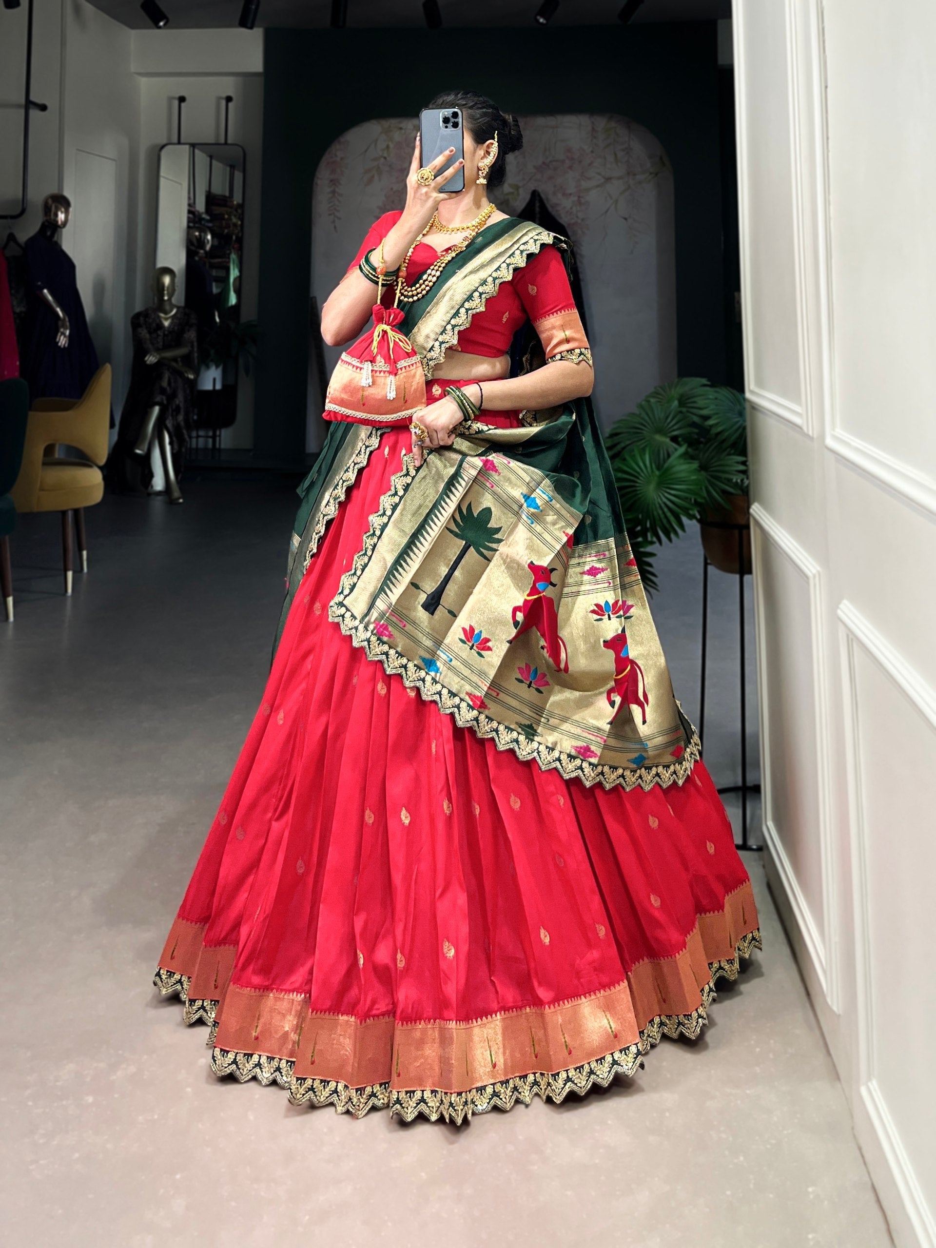 Pink & Green Silk Lehenga Choli with Contrasting Blue Dupatta AllTreandy