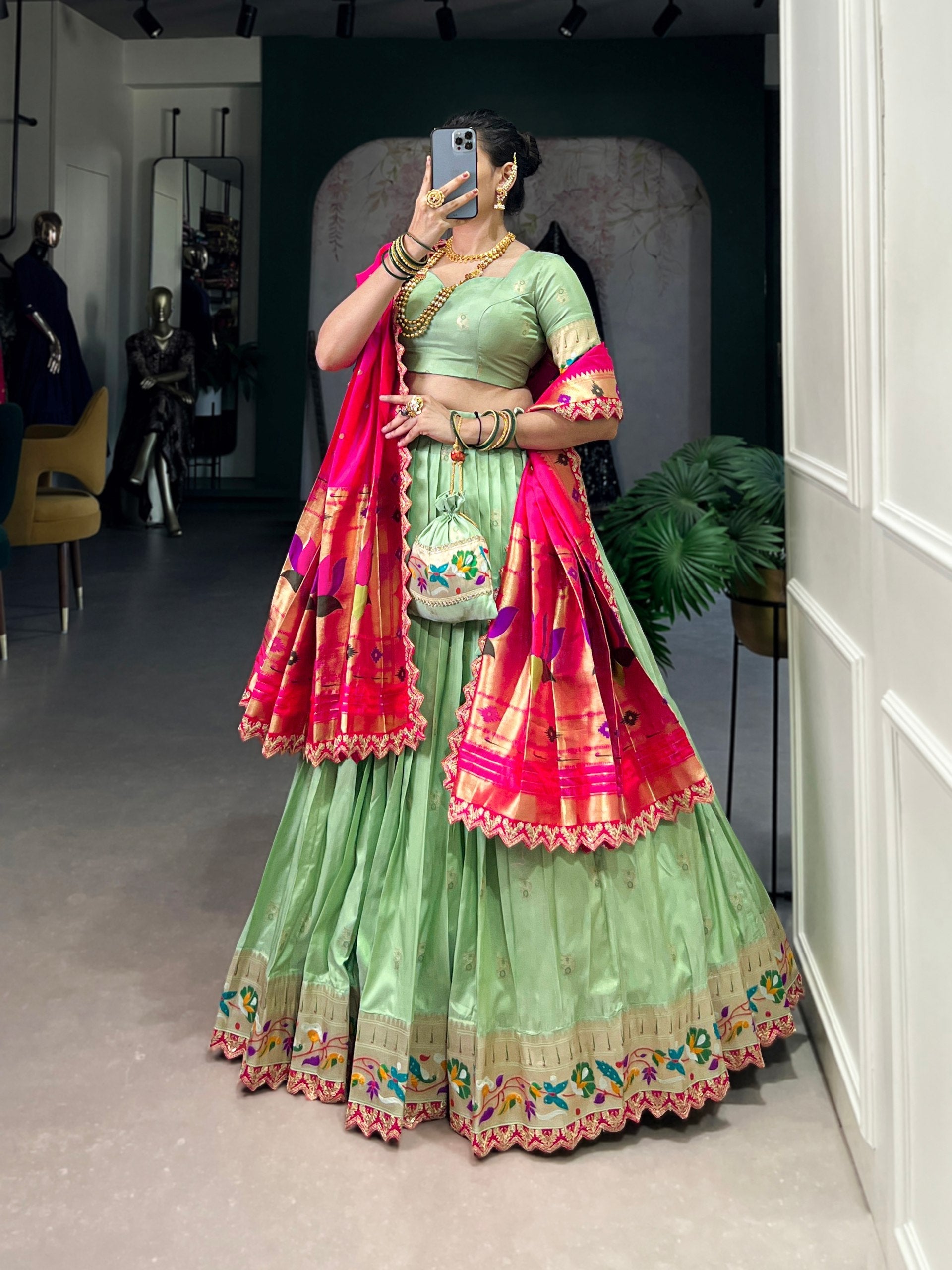 Pink & Green Silk Lehenga Choli with Contrasting Blue Dupatta AllTreandy