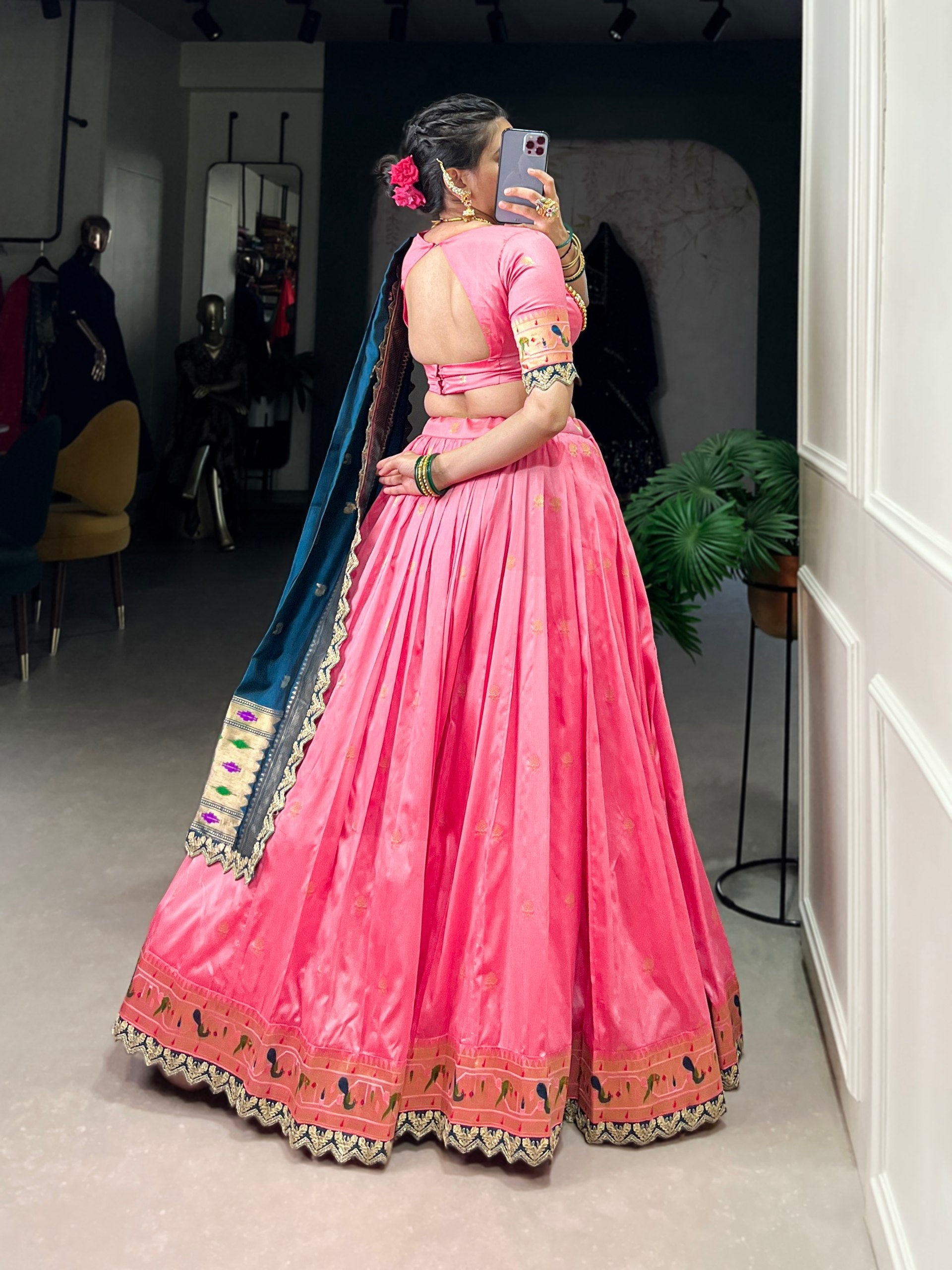 Pink & Green Silk Lehenga Choli with Contrasting Blue Dupatta AllTreandy