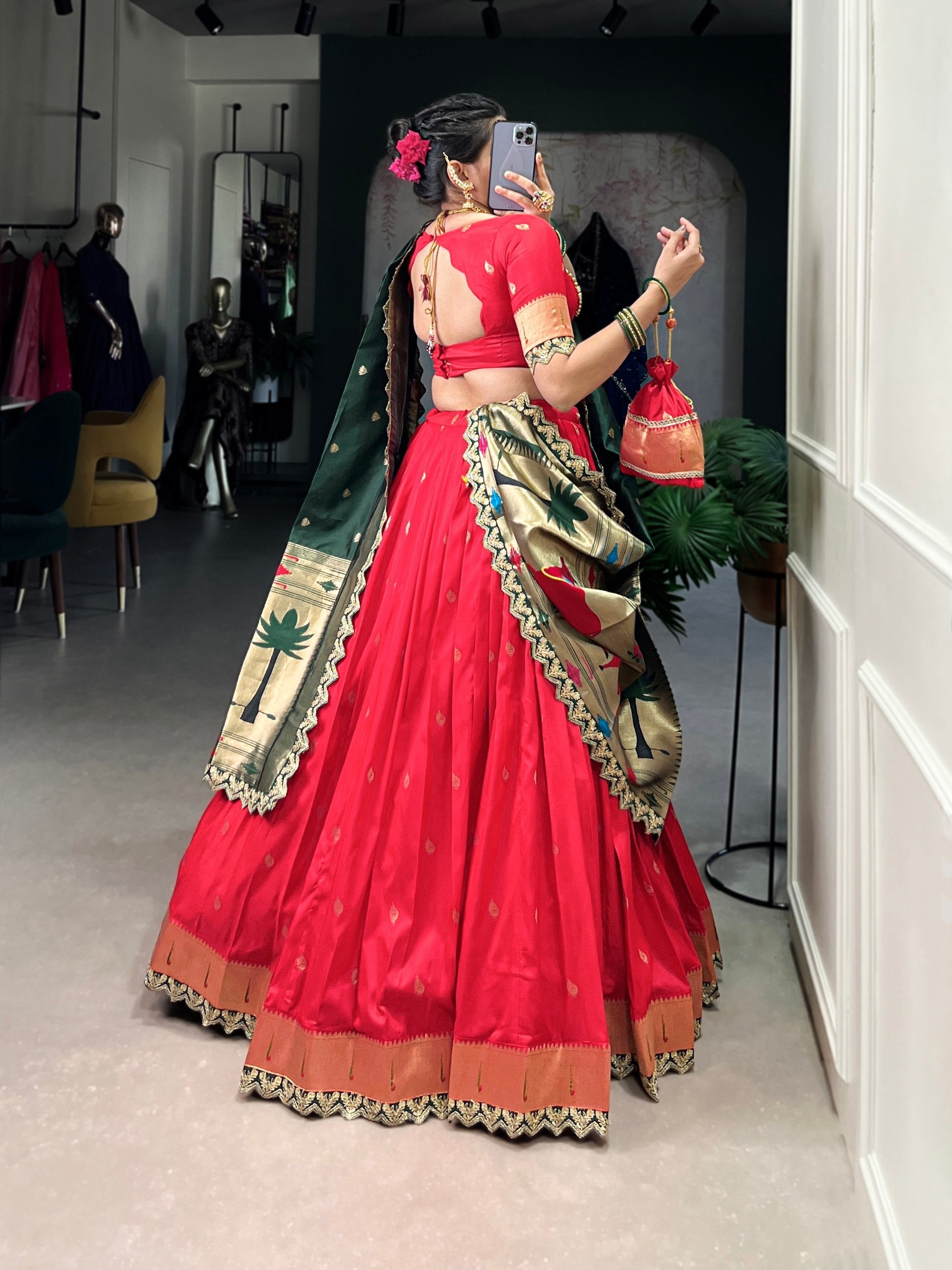 Pink & Green Silk Lehenga Choli with Contrasting Blue Dupatta AllTreandy